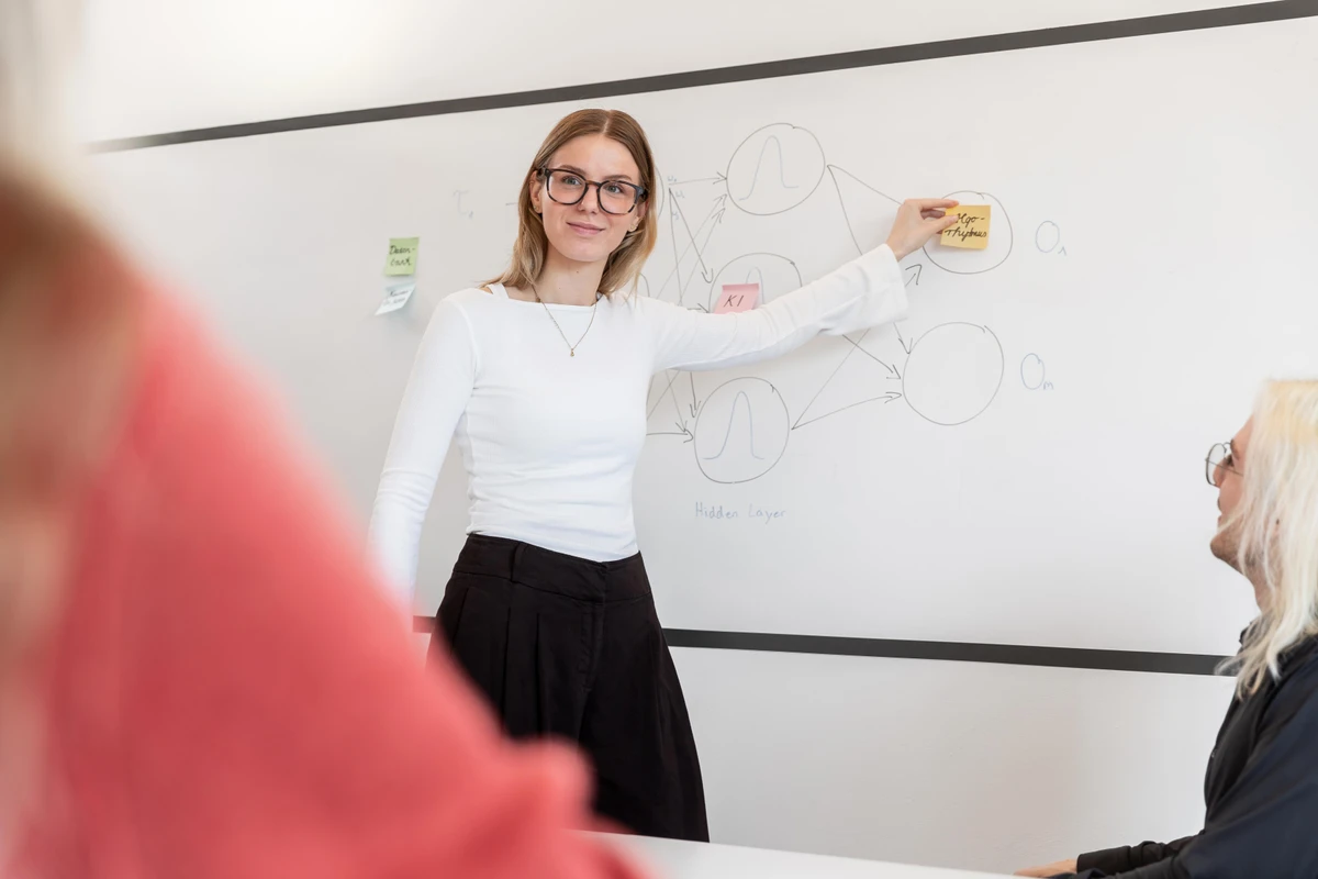 Eine Trainerin erklärt einem Projektteam an einem Whiteboard anschaulich mathematische neuronale Netzwerke und Hidden Layers für AI Projekte. Zukunftsfähige KI Potentiale im Experten Workshop entdecken